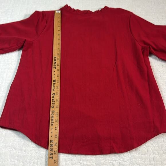 New! Komili romantic red embroidered ruffle neck puff sleeves feminine top L - Picture 8 of 9